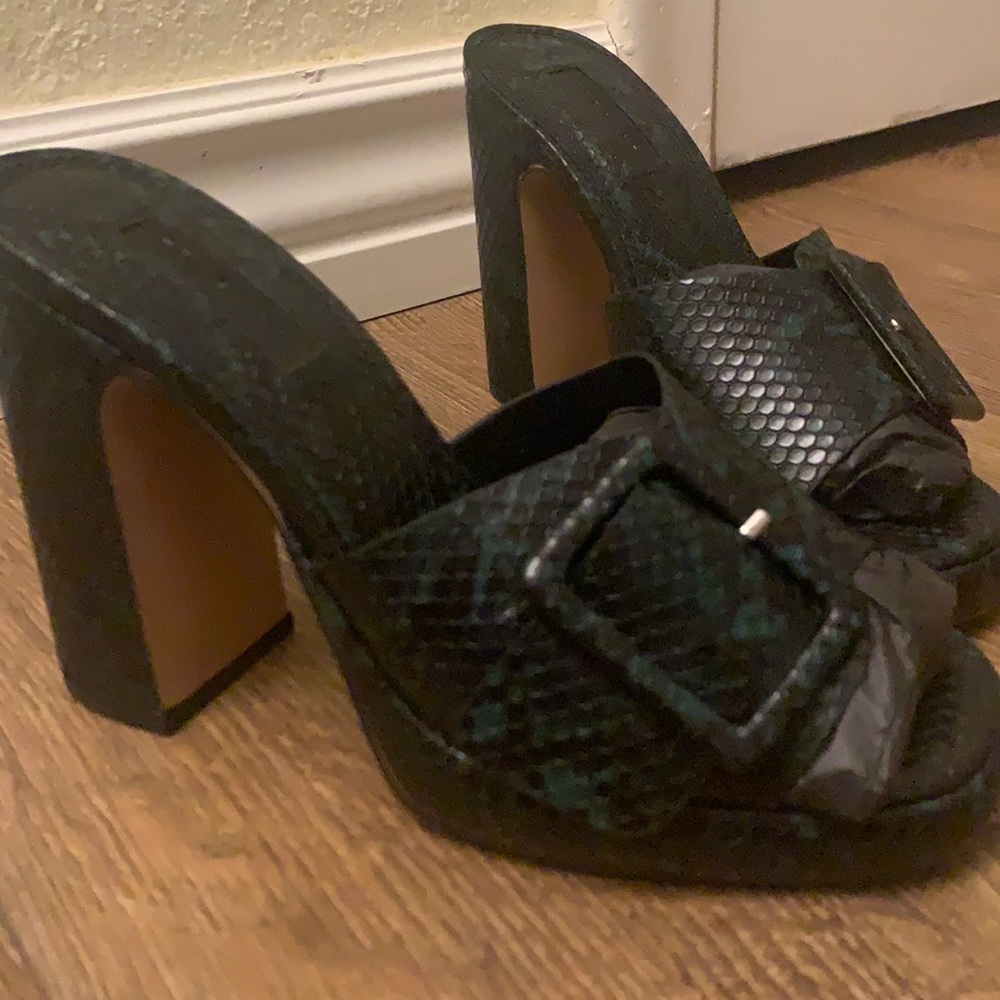 Topshop green buckle mules